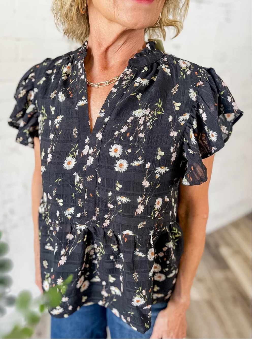 Black Floral Ruffle Sleeve Blouse